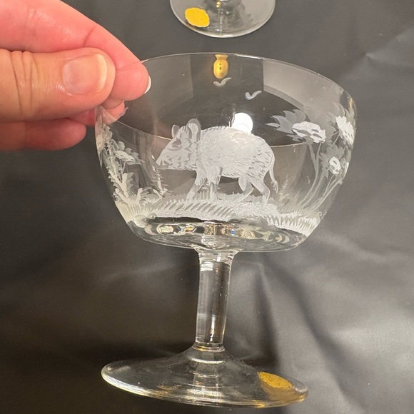 Vintage Etched East Germany Crystal Coupe Set Hunting/Wildlife Scene - Picture 6 of 16